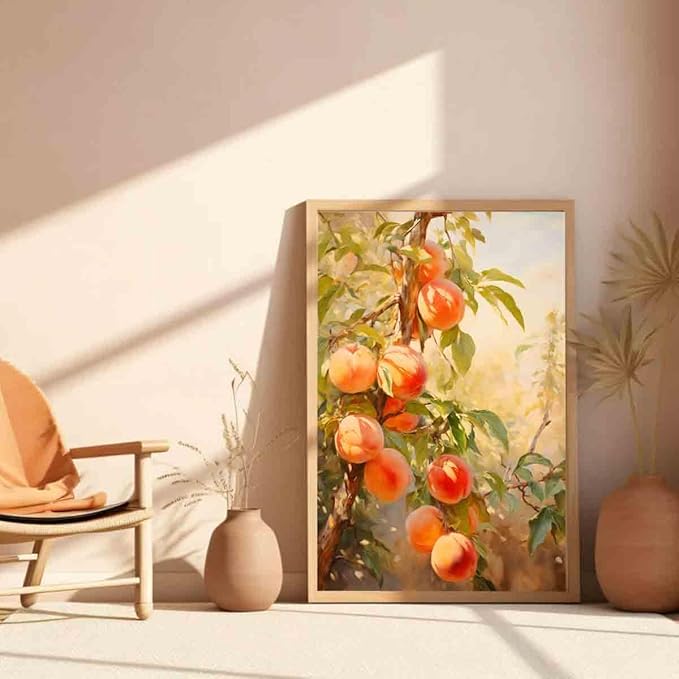 Mostemauo Peach Wall Art Still Life Fruit Painting Summer Wall Art Fruit Market Print Vintage Painting Abstract Botanical Picture Aesthetic Modern Kitchen Living Room Decor 16x24inch No Frame