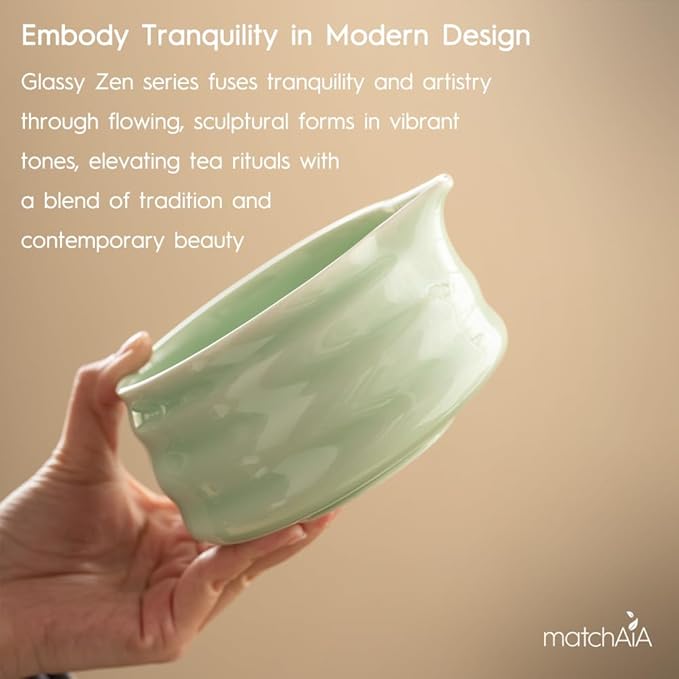 Matcha Whisk Set - Ceramic Bowl, Bamboo Whisk with Holder, Sifter, Schima Spoon, Spoon Rest and Tea Towel - 7 Pcs Complete Kit for Traditional Matcha and Modern Lattes (Green)