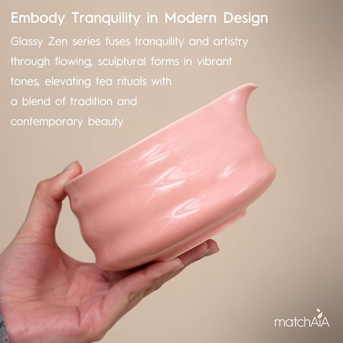 Matcha Whisk Set - Ceramic Bowl, Bamboo Whisk with Holder, Sifter, Schima Spoon, Spoon Rest and Tea Towel - 7 Pcs Complete Kit for Traditional Matcha and Modern Lattes (Pink)