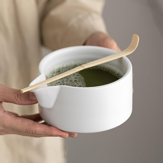 8 Pcs Matcha Whisk Set, Ceramic Matcha Whisk Holder, Ceramic Bowl with Spout, Matcha Ceremony Accessory, Home Kitchen Decor Tea Gifts for Birthdays, Halloween and Christmas (White)