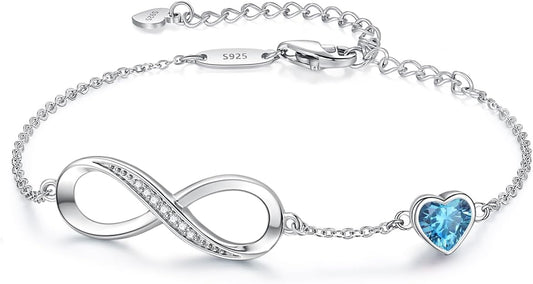 CDE Infinity Heart Birthstone Charm Link Bracelet for Women 925 Sterling Silver Adjustable Mother's Day Gift Anniversary Birthday Jewelry for Wife Girlfriend Her