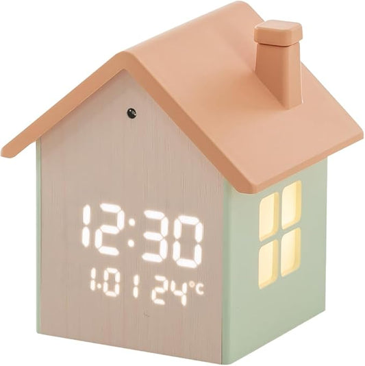 FLAITO Mood Home LED Table Clock – House-Shaped Night Light Alarm Clock with Auto-Dimming, Snooze, Date & Temperature Display – White & Maple Options, USB-C Cable Included (White)