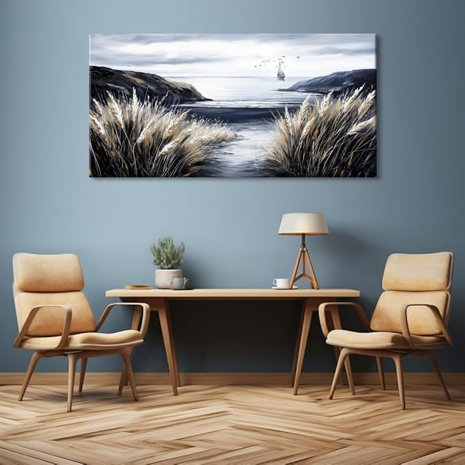 ZESTRILIA Country Beach Coastal Sailboat Wall Art for Living Room Office Black and White Rustic Canvas Painting Prints Vintage Nautical Artwork Dining Bedroom Decor Extra Large (58x28 Inches)