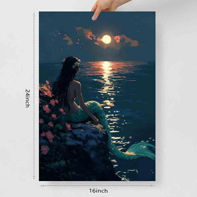 Mermaid Wall Art Vintage Women Pictures Vintage Ocean Poster Classical Female Poster Golden Sun Canvas Ocean Coastal Prints Vintage Woman Picture Victorian Female Painting Decor 16x24inch No Frame