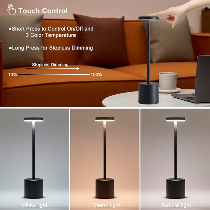 LED Cordless Table Lamp Set of 2, Portable 5000mAh Rechargeable Table Lamps, Touch Control Outdoor Table Lamp, 3 Color Dimmable Cordless Table Light For Dinner, Patio, Bedroom, Restaurant - Black