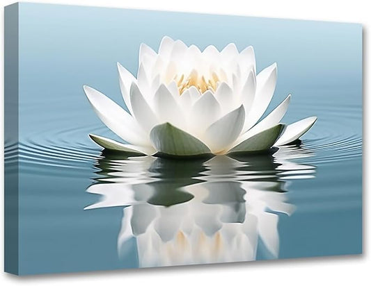 LZIMU Zen Canvas Wall Art White Lotus Flower Bloom in Water Picture Prints Teal Blue Artwork Bathroom Decor Framed for Yoga Spa Meditation Room (Zen-3, 12"x18")
