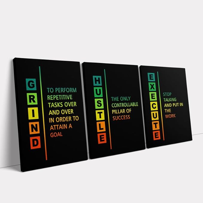 KAWAHONE Motivational Canvas Wall Art, Hustle Grind Execute Wall Art Decor, Black and White Positive Motivational Poster Framed Inspirational Entrepreneurs Painting Prints Quotes Poster for Office Workplace