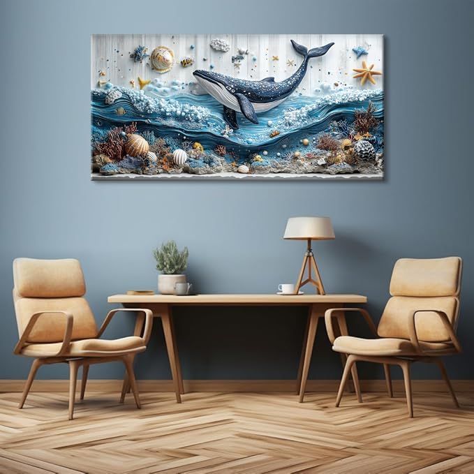 ZESTRILIA Ocean Whale Wall Art for Kids Room Navy Blue Marine Organism Underwater World under the Sea Canvas Painting Prints Artwork Family Living Bedroom Decor Extra Large (58x28 Inches)
