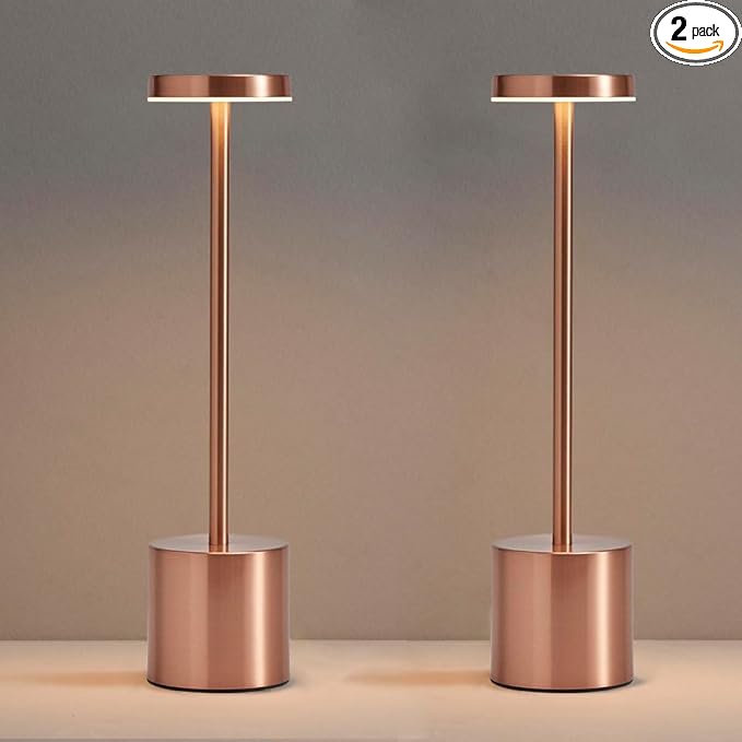 2 Pack Rechargeable Cordless Table Lamps, Portable 5000mAh Battery Table Light, 3 Color Stepless Dimming LED Table Light with Memory Function, Touch Lamp For Outdoor/Patio/Restaurant(Rose Gold)