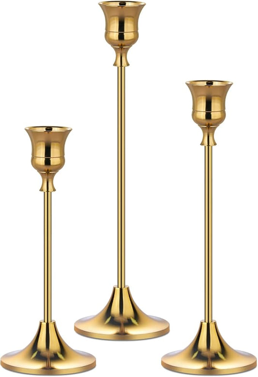 Metal Candle Holders for Candlesticks Taper Candlestick Holders Set Vintage Decorative Centerpiece Candelabra Tall Candle Stands for Halloween Thanksgiving Christmas (Gold, 1 Set (3 pcs))
