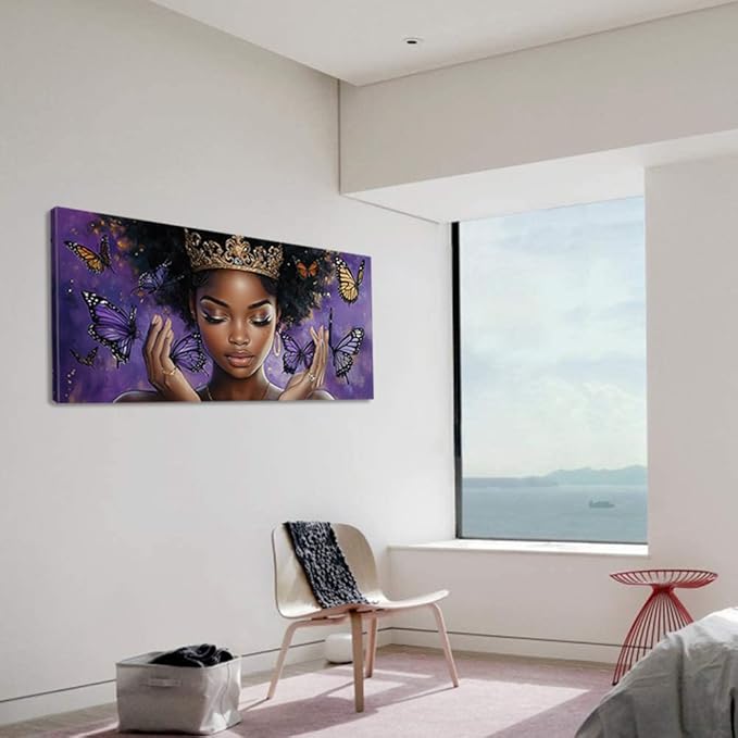 ZESTRILIA African American Wall Art for Girls Room Purple Black Butterfly Canvas Painting Prints Artwork Living Bedroom Office Decor Extra Large (58x28 Inches)