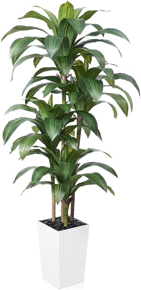 Artificial Dracaena Tree 6FT - Fake Tree with White Taper Planter & Pebbles - UV Resistant Faux Yucca Tropical Plant - Artificial Trees for Home Office Living Room Decor Indoor Outdoor