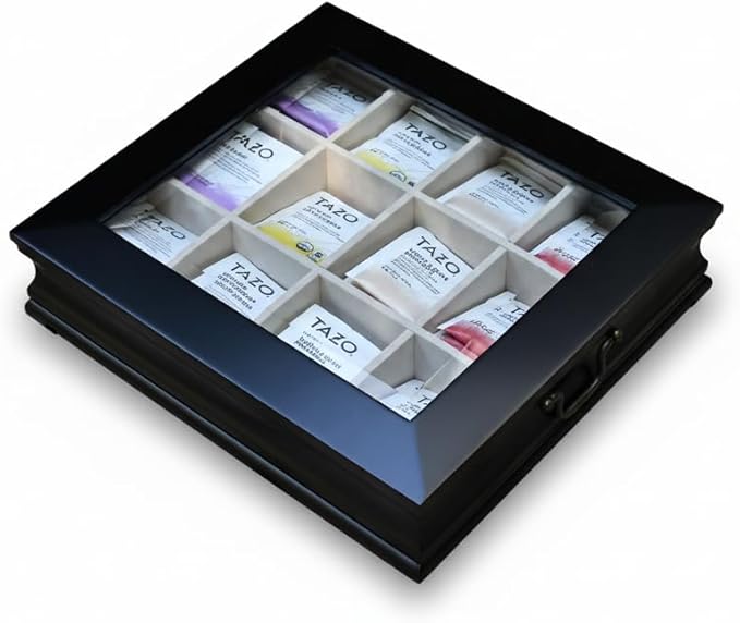 Tea Chest 12 Compartments Tea Bag Large Storage Box with Beveled Glass Lid