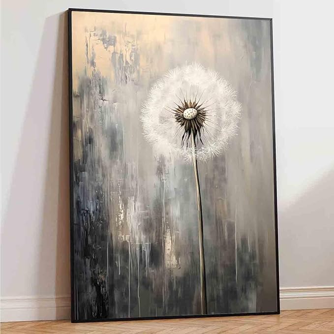 Dandelion Picture Gray White Wall Art Abstract Flower Canvas White Flower Painting Farmhouse Floral Picture Gray Gold Painting Rustic Floral Prints Black Gold Pictures Room Decor 16x24inch No Frame
