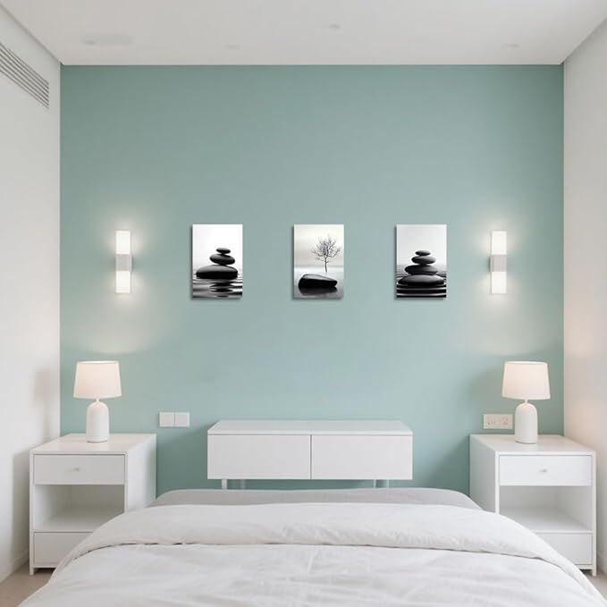 CCWORKERRY 3PCS Zen Stones Canvas Wall Art Black and White Zen Stone Painting Calming Meditation Wall Decor for Yoga Studio Office Spa Bathroom (white,20W x28L x3)