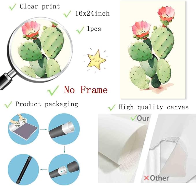 Cactus Flower Poster Western Desert Wall Art Pink Flower Painting Watercolor Flowers Picture Botanical Floral Prints Mexican Desert Art Abstract Cactus Canvas Living Room Decor 16x24inch No Frame