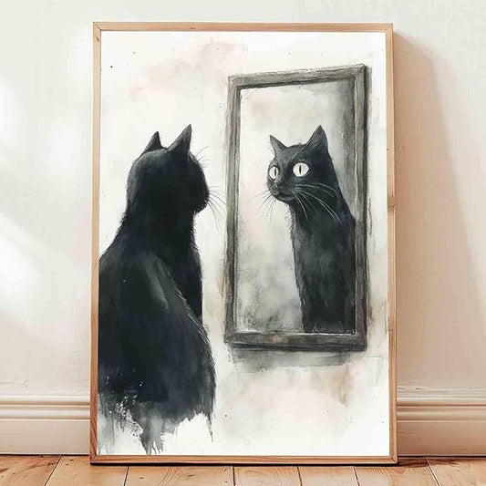 Funny Black Cat Wall Art Retro Cats Poster Black And White Animal Prints Quirky Animal Canvas Cat Mirror Wall Art Fanciful Vintage Farmhouse Painting Aesthetic Living Room Decor 16x24inch No Frame