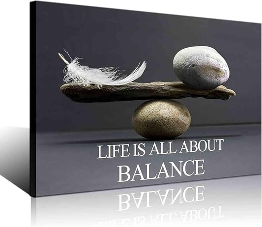 Biuteawal Motivational Wall Art Zen Canvas Print Black White Balance Stones with Feather Picture Painting Inspirational Quote Artwork Framed Home Office Classroom Bedroom Decor Ready to Hang