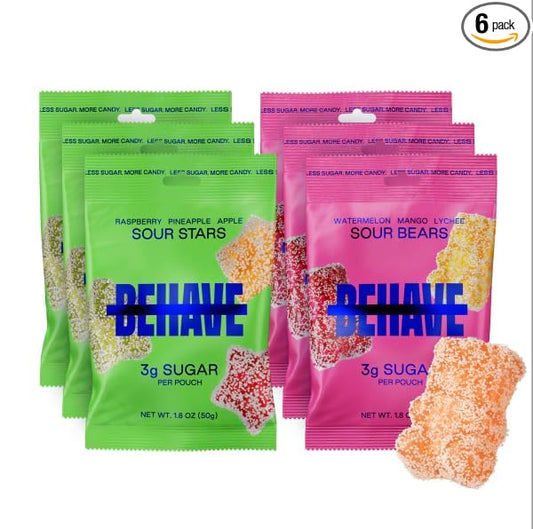 BEHAVE Low Sugar, Low Carb Gummy Candy | Healthy, High in Fiber, Keto & Diabetic Friendly Snack | Non-GMO, Gluten-Free, Dairy-Free, Nothing Artificial | Sour Variety, 1.8oz (6-Pack)