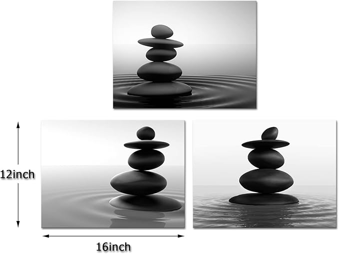Apicoture Zen Stone Wall Art - Black and White Zen Stones Poster Canvas Wall Decor for Spa Room Bathroom Home Decorations 12"X 16"X 3 Pieces