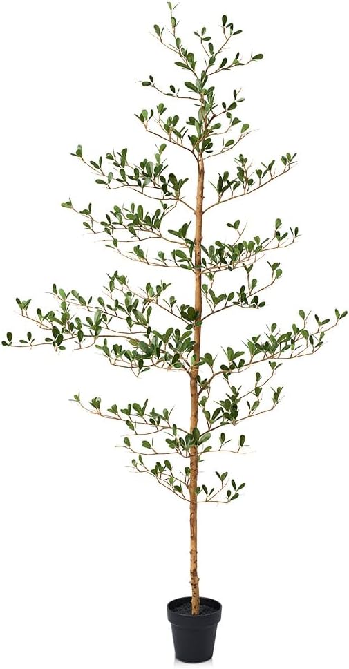 Artificial Black Olive Tree 5FT Indoor Outdoor Decor Faux Plants - Real Wood Trunk Fake Tree with Green UV Resistant Leaves - Tall Floor Plant for Modern Home Office Living Room Decoration