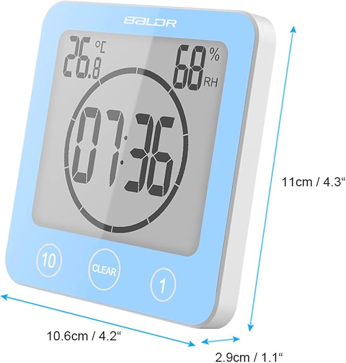 Digital Bathroom Shower Wall Clock Timer, LCD Digital Wall Clock with Suction Waterproof Temperature Humidity Gauge, Touch Screen Timer, Large Countdown Visual Timer Hanging Wall Clock