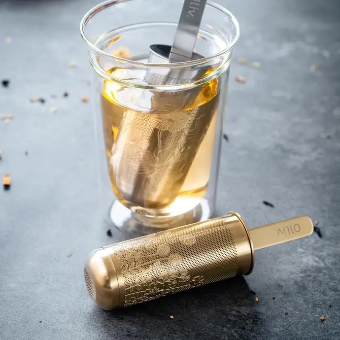 Stainless Steel Tea Infuser Stick with Scoop Lid for Loose Leaf Tea | Gold Reusable Tea Steeper Strainer, Long Handle Pipe Filter | Elegant Tea Accessory Gift for Tea Lovers