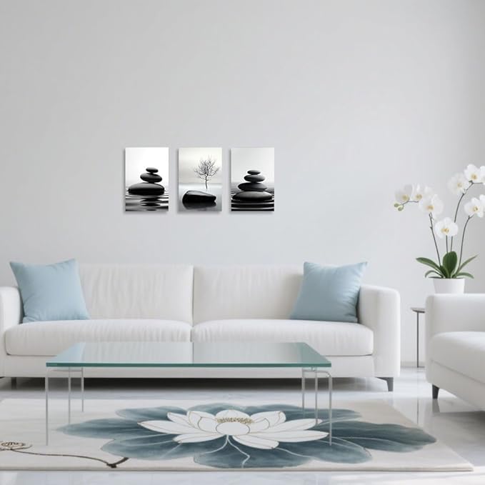 CCWORKERRY 3PCS Zen Stones Canvas Wall Art Black and White Zen Stone Painting Calming Meditation Wall Decor for Yoga Studio Office Spa Bathroom (white,16W x24L x3)
