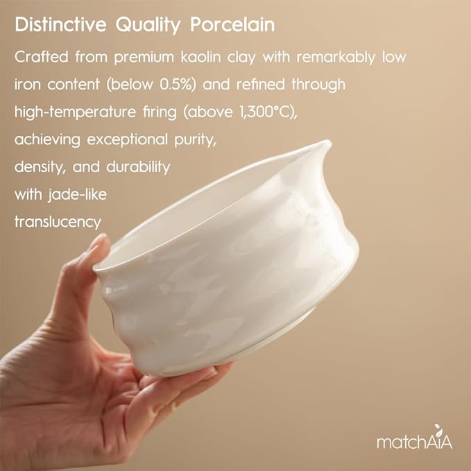 Matcha Whisk Set - Ceramic Bowl, Bamboo Whisk with Holder, Sifter, Schima Spoon, Spoon Rest and Tea Towel - 7 Pcs Complete Kit for Traditional Matcha and Modern Lattes (White)