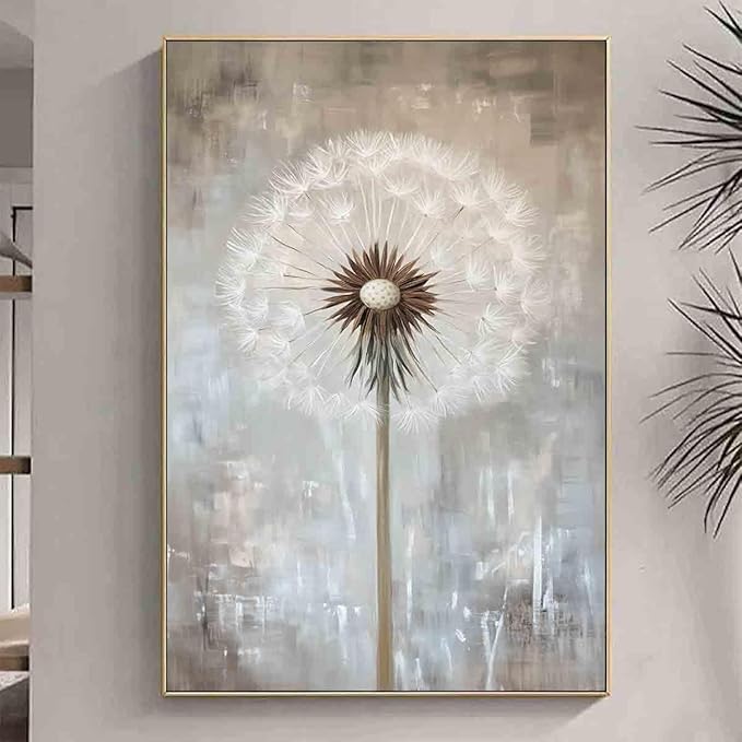 Dandelion Prints Wall Art Vintage Dandelion Poster White Flower Picture Grey And White Abstract Wall Art Abstract Flower Canvas Wildflower Painting Farmhouse Rustic Floral Room Decor 16x24in No Frame