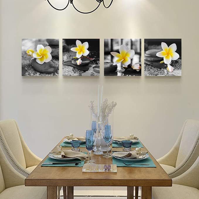 Yxbhhym-Black and White Wall Art Yellow Gray Bathroom Decorations Stone Zen Canvas Prints Spa Paintings Frangipani Flowers Pictures Meditation Artwork for Bedroom Kitchen Living Room Decor Framed