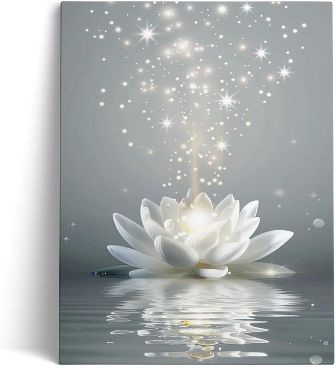 Ypxzzj Framed White Lotus Flower Wall Art for Living Room, Zen Canvas Wall Art for Yoga Bedroom,Meditation Spiritual Wall Decor Print for Bathroom Study Room Ready to Hang (12''x16'')
