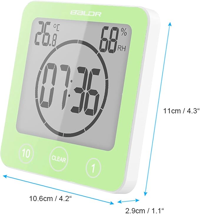 Digital Bathroom Shower Wall Clock Timer, LCD Digital Wall Clock with Suction Waterproof Temperature Humidity Gauge, Touch Screen Timer, Large Countdown Visual Timer Hanging Wall Clock (Green)