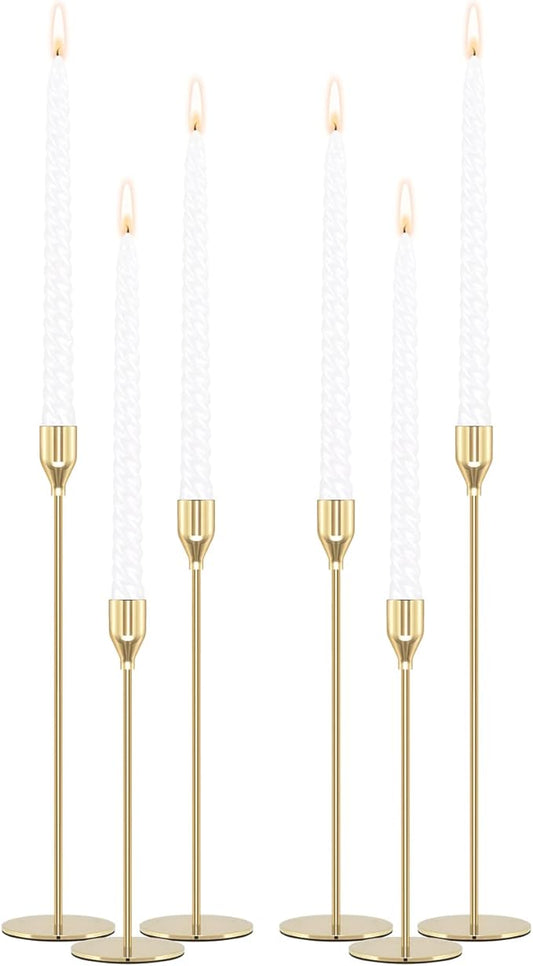 Gold Candle Holders Candlestick Holders for Taper Candles, Set of 6 Modern Decorative Candle Sticks Long Holder for Table Centerpiece, Wedding, Dinning, Party (Candles are not Included)