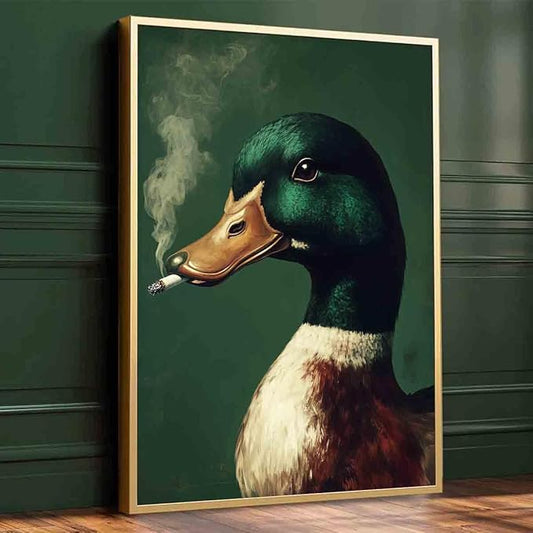Mostemauo Vintage Mallard Duck Wall Art Whimsical Duck Smoking Cigarette Painting Portrait Animal Prints Funny Animal Smoking Picturemallard Print Retro Green Living Room Decor 16x24inch No Frame
