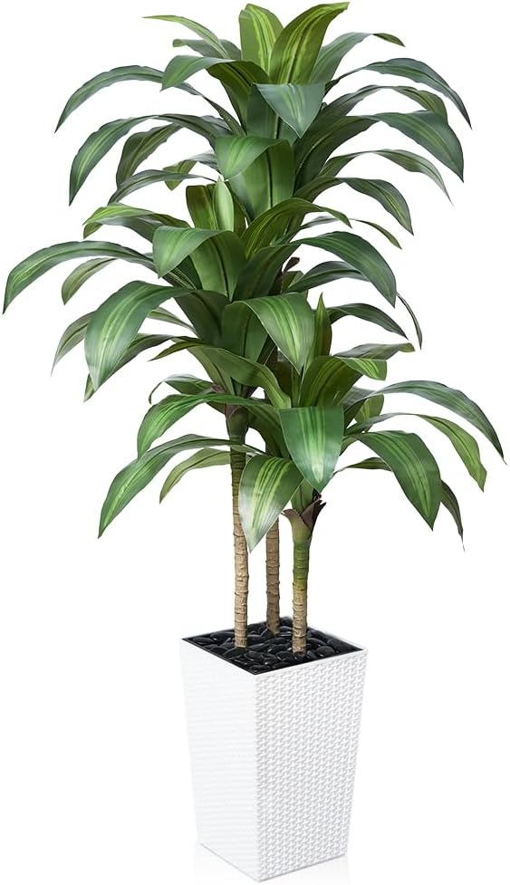 Artificial Dracaena Tree 5FT - Fake Tree with White Taper Planter & Pebbles - UV Resistant Faux Yucca Tropical Plant - Artificial Trees for Home Office Living Room Decor Indoor Outdoor