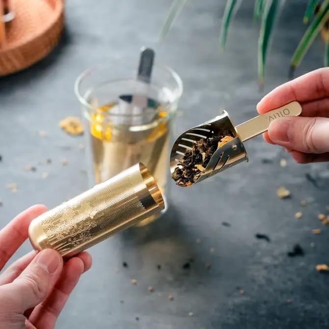 Stainless Steel Tea Infuser Stick with Scoop Lid for Loose Leaf Tea | Gold Reusable Tea Steeper Strainer, Long Handle Pipe Filter | Elegant Tea Accessory Gift for Tea Lovers