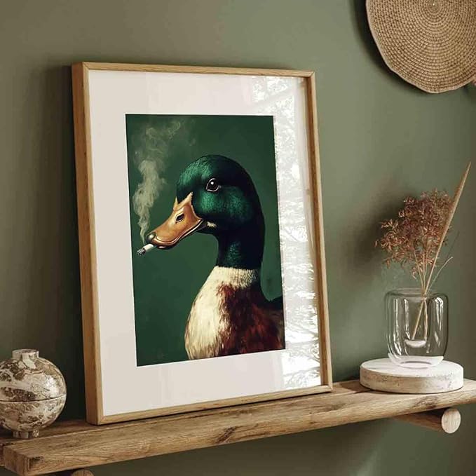 Mostemauo Vintage Mallard Duck Wall Art Whimsical Duck Smoking Cigarette Painting Portrait Animal Prints Funny Animal Smoking Picturemallard Print Retro Green Living Room Decor 16x24inch No Frame