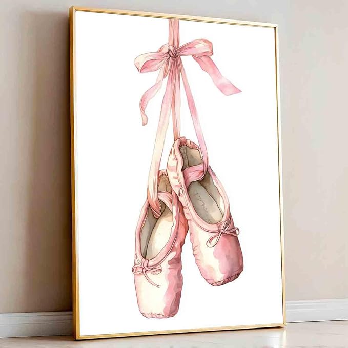 Mostemauo Ballet Shoes Painting Dancer Wall Art Ballet Pictures Pink Bow Pictures Elegant Vintage Wall Art Aesthetics Watercolor Painting Trendy Modern Abstract Girls' Room Decor 16x24inch No Frame