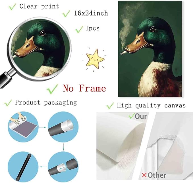Mostemauo Vintage Mallard Duck Wall Art Whimsical Duck Smoking Cigarette Painting Portrait Animal Prints Funny Animal Smoking Picturemallard Print Retro Green Living Room Decor 16x24inch No Frame