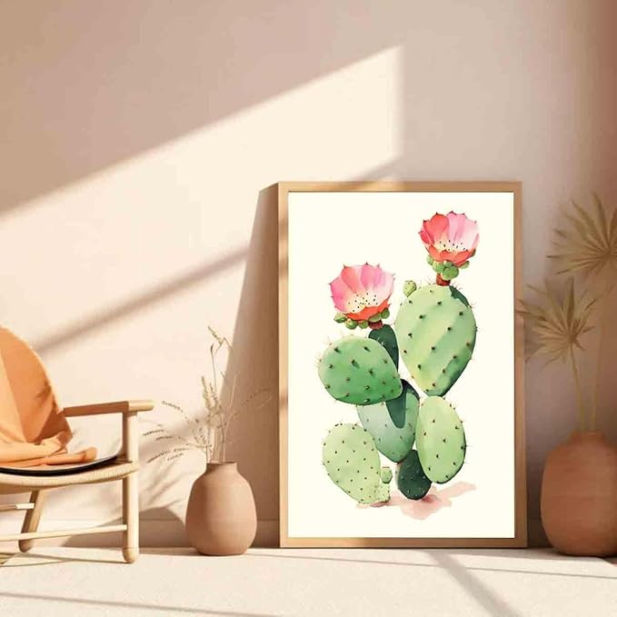 Cactus Flower Poster Western Desert Wall Art Pink Flower Painting Watercolor Flowers Picture Botanical Floral Prints Mexican Desert Art Abstract Cactus Canvas Living Room Decor 16x24inch No Frame