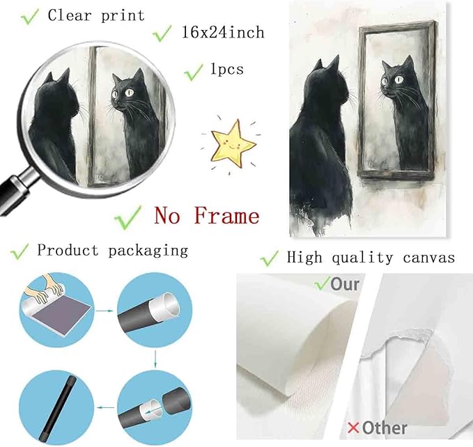 Funny Black Cat Wall Art Retro Cats Poster Black And White Animal Prints Quirky Animal Canvas Cat Mirror Wall Art Fanciful Vintage Farmhouse Painting Aesthetic Living Room Decor 16x24inch No Frame