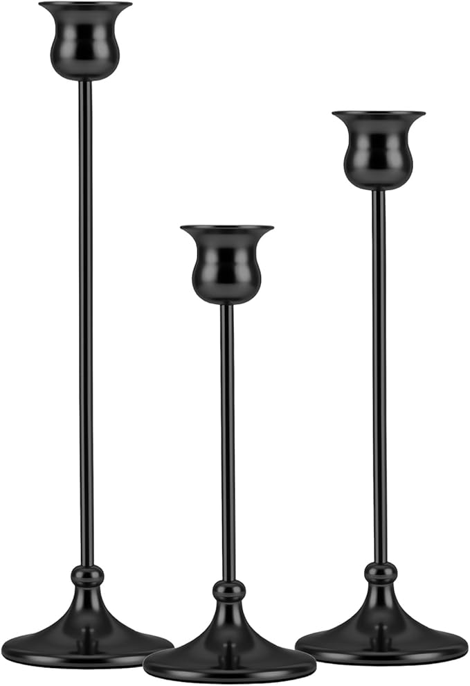 Metal Candle Holder Taper Candlestick Holders for Candle Sticks Vintage Candelabra for Halloween Thanksgiving Christmas (Matt Black, 1 Set (3 pcs))