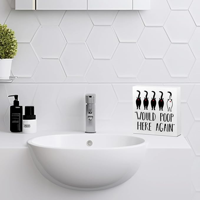 Funny Cat Bathroom Decor White Wooden Box Decorative Signs, Humorous Decorations for Bathroom Home Shelf, Wood Box Sign Cat Lover Gifts for Women Men Friends, Would Poop Here Again 5.1x5.1Inch