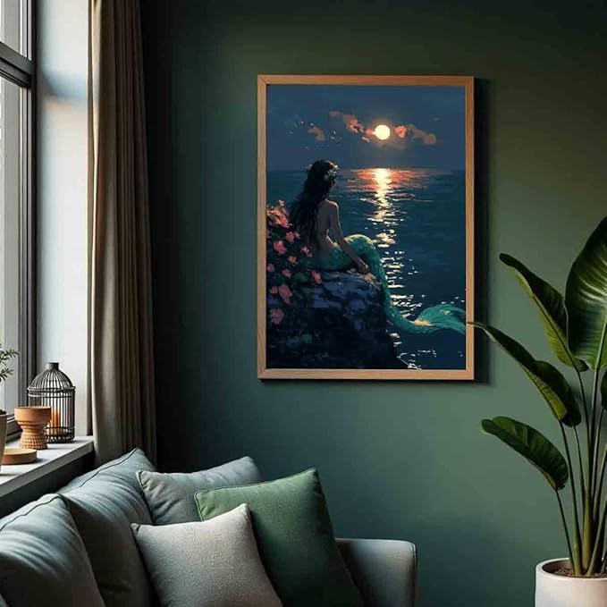 Mermaid Wall Art Vintage Women Pictures Vintage Ocean Poster Classical Female Poster Golden Sun Canvas Ocean Coastal Prints Vintage Woman Picture Victorian Female Painting Decor 16x24inch No Frame