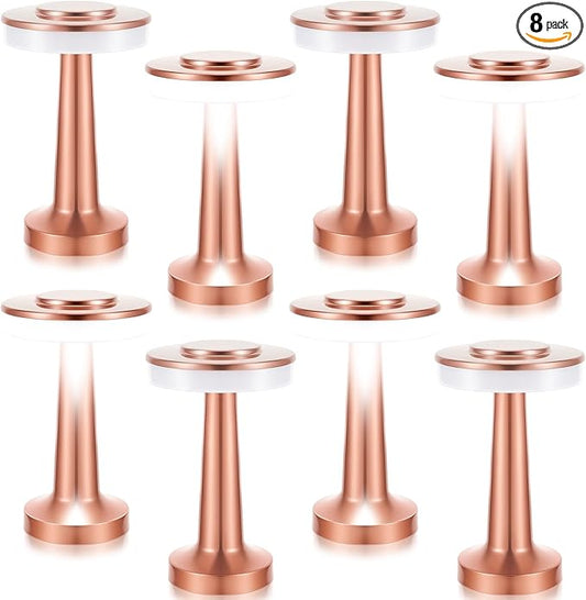 VIHOSE 8 Pcs Cordless Table Lamps LED Portable Rechargeable Table Lamp with Touch Sensor 3 Color Dimming up to 15 Hours Battery Desk Light for Restaurant Nursery Living Room (Rose Gold)