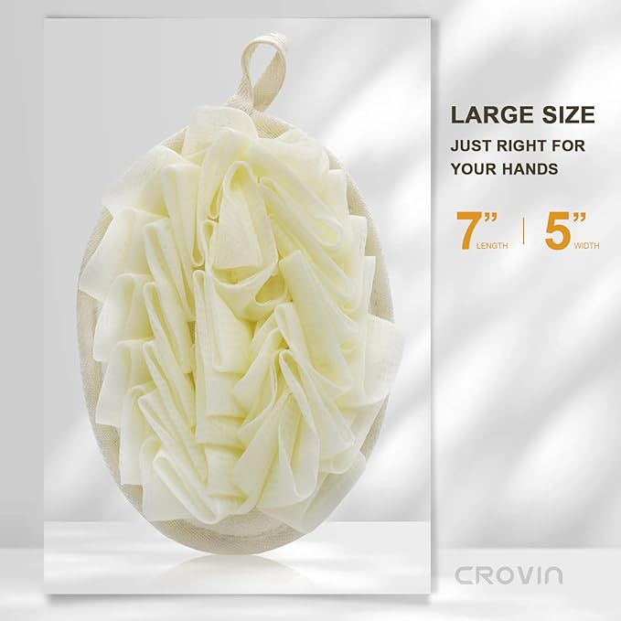 Shower Puff 4 Pack Bath Sponge Shower Loofahs Pouf Large 7x5 Premium Exfoliating Mesh Puffs for Women and Men-Elastic Hand Strap Body Brush to Soothe, Cleanse Your Skin