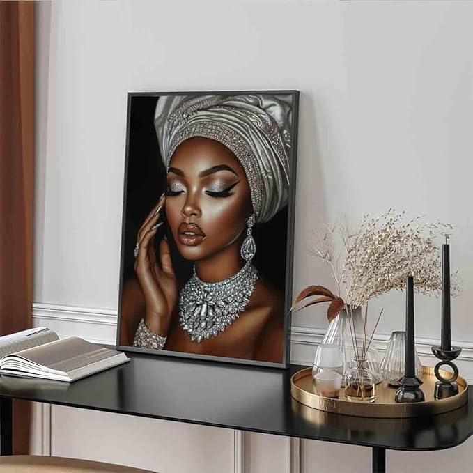 African American Wall Art Girl Black Woman Painting Fashion Poster Portrait Prints Painting Silver And Black Woman Portrait Wall Art Living Room Decor 16x24inch No Frame