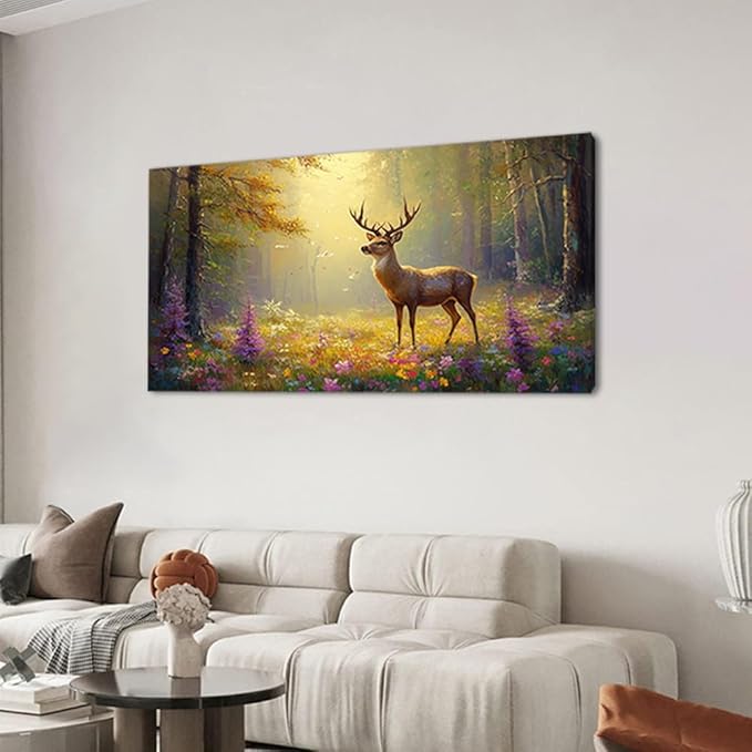 ZESTRILIA Pretty Deer Forest Wall Art for Living Room Office Gold Mustard Yellow Wildlife Wildflower Canvas Painting Prints Spring Wild Life Artwork Girls Bedroom Decor Extra Large (58x28 Inches)