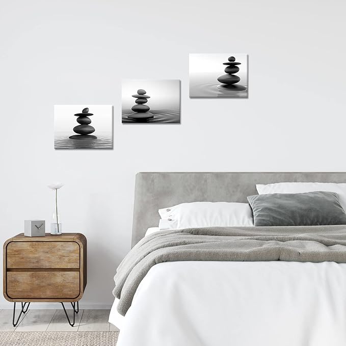 Apicoture Zen Stone Wall Art - Black and White Zen Stones Poster Canvas Wall Decor for Spa Room Bathroom Home Decorations 12"X 16"X 3 Pieces